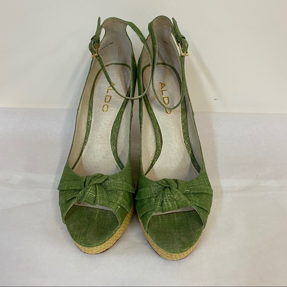 Aldo Green Gold Straw Wedge Ankle Strap Shoes - Picture 2 of 9